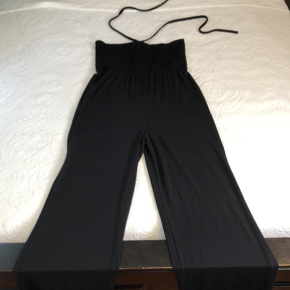 Pout Black Smocked Strapless Wide Leg Jumpsuit Size S